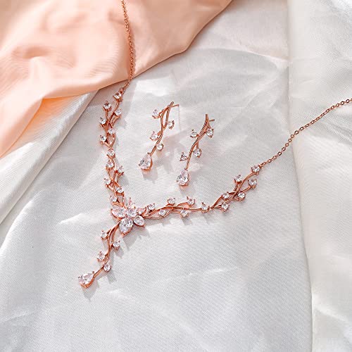 Crysdue Women's Wedding Bridal Jewelry Set for Brides Bridesmaids Cubic Zirconia Flower Leaf Vine Necklace Dangle Earrings for Prom Party - style: 13-rose gold