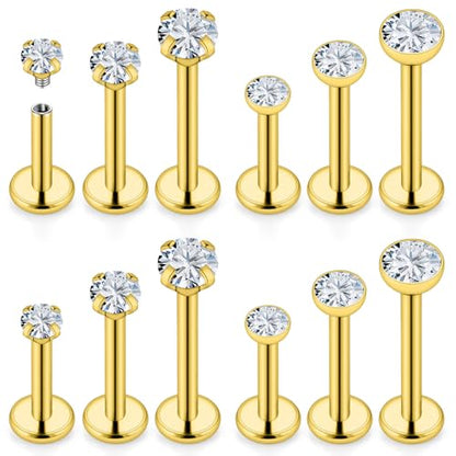16G Internal Thread Flat Back Earrings Nose Studs 316L Surgical Steel Medusa Labret Monroe Lip Ring Tragus Forward Helix Conch Cartilage Lobe Earrings Stud Piercing Jewelry For Women Men - color: Gold-Clear CZ