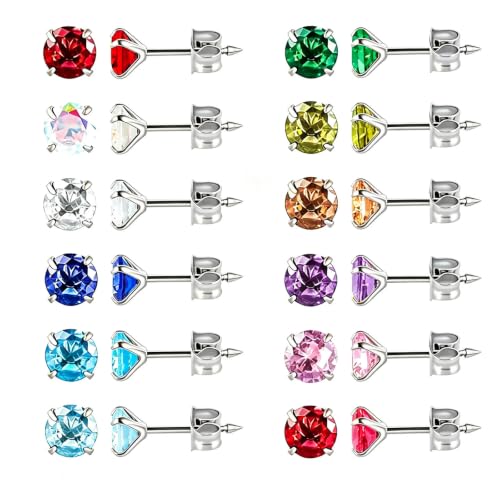 12 Pairs Ear Piercing Stud Earrings for Ear Piercing Guns, Surgical Stainless Steel Multicolor Round Heart Star Cubic Zirconia Birthstone Stud Earrings Set - style: Silver round A-4mm