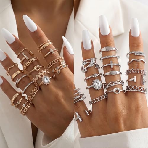42-Piece Gold Tone Stackable Ring Set for Women, Boho Minimalist Stacking Rings with Crystal & Heart Accents, Adjustable Open Band Jewelry for Daily Wear - style: TZY-003350-01