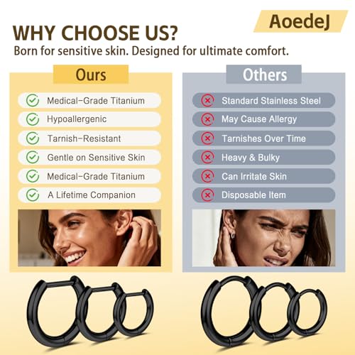 AOEDEJ G23 Titanium Black/Steel Gray/Gold Hoop Earrings 18G Small Huggie Hoop Earrings 8mm/10mm/12mm Cartilage for Sensitive Ears for Multiple Piercing Cartilage Hoop Earring Stack Jewelry - style: Circle-BK-10mm