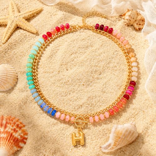 Colorful Beaded Bubble Letter Necklace For Women, Boho Double Layer Dopamine Rainbow Resin Beads Thick Cuban Chain Chunky With Initials Pendant Necklaces Summer Beach Jewelry Gift ﻿ - color: Dop H