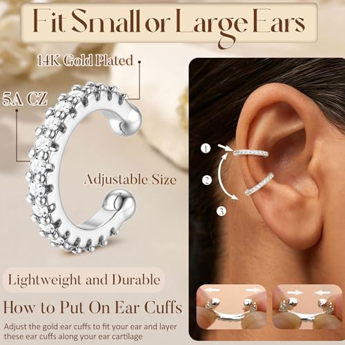 Florideco 4Pcs Ear Cuffs Non-Piercing for Women Dainty 14K Gold Plated Clip On Cartilage Earrings Hypoallergenic Huggie Hoop Cuffs Fake Earings for Non Pierced Ears - color: Classic-White Gold Plated