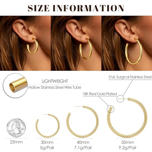 Gold Hoop Earrings for Women Summer Earrings Stainless Steel Hypoallergenic Earrings for Sensitive Ears Non Tarnish Hoops 4mm Hollow Tube Lightweight Earring Gifts for Women - style: 40mm Gold