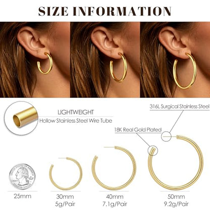 Gold Hoop Earrings for Women Summer Earrings Stainless Steel Hypoallergenic Earrings for Sensitive Ears Non Tarnish Hoops 4mm Hollow Tube Lightweight Earring Gifts for Women - style: 30mm Gold