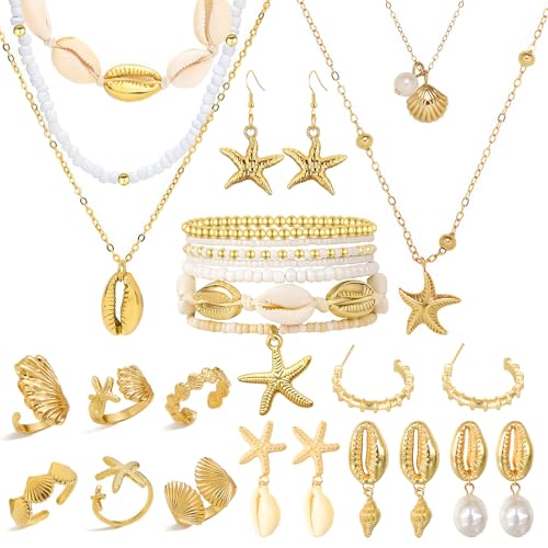 Boho Beach Jewelry Sets for Women | Summer Seashell Starfish Accessories, Necklace, Earrings, Rings Anklet - style: 22pcs Beach Set