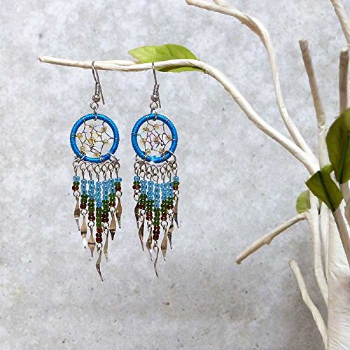 Beaded Dreamcatcher Earrings for Women, Long Boho Fringe Dangle Earrings, Lightweight Colorful Statement Jewelry, Handmade - color: Turquoise & Brown