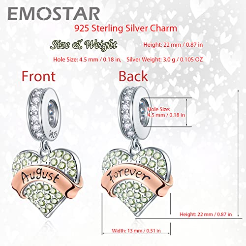 EMOSTAR Jan-Dec Birthstone Charms fits European Birthday Bracelet, Dangle 925 Sterling Silver Heart Shaped Pendant with 12 Months Birthstones, Gifts for Mom/Women - color: August Birthstone