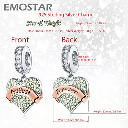 EMOSTAR Jan-Dec Birthstone Charms fits European Birthday Bracelet, Dangle 925 Sterling Silver Heart Shaped Pendant with 12 Months Birthstones, Gifts for Mom/Women - color: August Birthstone