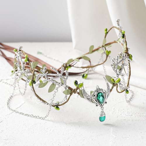 MOSTORY Woodland Elf Crown for Women - Medieval Elf Headpiece with Tassel for Renaissance Renfaire Fae Cosplay Viking Outfit - color: Green-silver