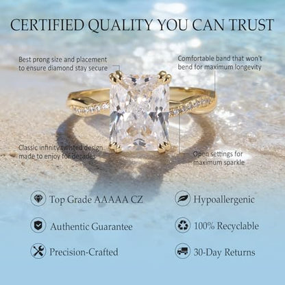 4CT Travel Engagement Ring, Radiant Cut 5A Cubic Zirconia Solitaire in Sterling Silver White Gold/14K Gold Plated Hypoallergenic Durable Comfort Fit, Perfect for Work Daily Wear Honeymoon - color: Gold