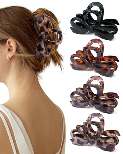 ACECHA Cute Bow Claw Clip for Women Thick Hair, Strong Grip Leopard Glossy | matte finish, non-slip & durable bows clips, 4.1 inch large size, ideal for thick hair, daily wear, work, parties - color: Leopard Print - Glossy