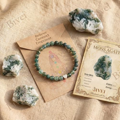 Bivei Crystal Stretch 6mm Bracelets for Women | Handmade Natural Stone Beaded Stretch Bracelet, Stainless Steel Heart Bead, Tranquility Yoga Gift Jewelry for Women - color: Moss Agate - Grounding