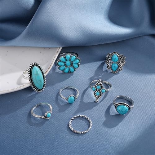 Bohemian Turquoise Ring Set for Women,Vintage Western Rings Chunky Turquoise Opal Stackable Knuckle Ring Set Punk Midi Finger Ring Pack Boho - style: Ring set-C