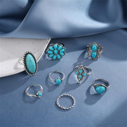 Bohemian Turquoise Ring Set for Women,Vintage Western Rings Chunky Turquoise Opal Stackable Knuckle Ring Set Punk Midi Finger Ring Pack Boho - style: Ring set-C