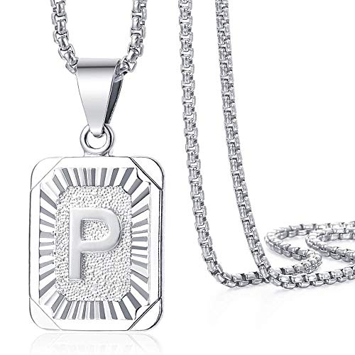 Trendsmax Initial Letter Pendant Necklace Mens Womens Capital Letter White Gold Plated A Z Stainless Steel Box Chain 22inch - style: P
