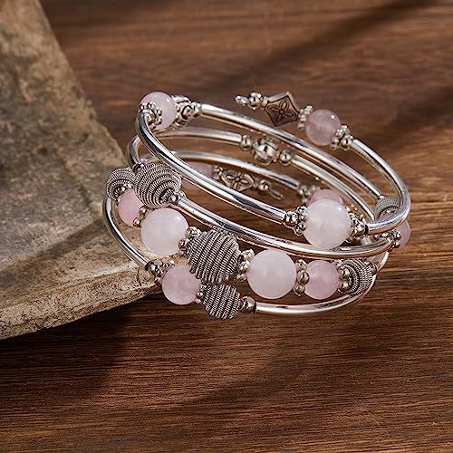 PEARL&CLUB Beaded Chakra Bangle Turquoise Bracelet - Fashion Jewelry Wrap Bracelet with Thick Silver Metal and Mala Beads, Birthday Gifts For Women - color: Pink crystal