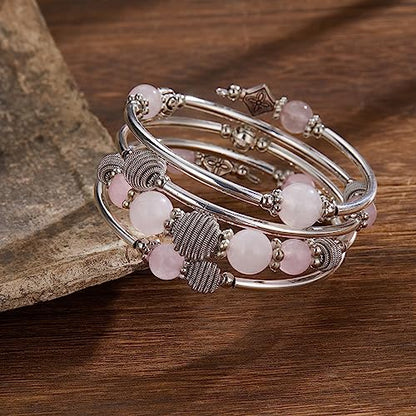 PEARL&CLUB Beaded Chakra Bangle Turquoise Bracelet - Fashion Jewelry Wrap Bracelet with Thick Silver Metal and Mala Beads, Birthday Gifts For Women - color: Pink crystal