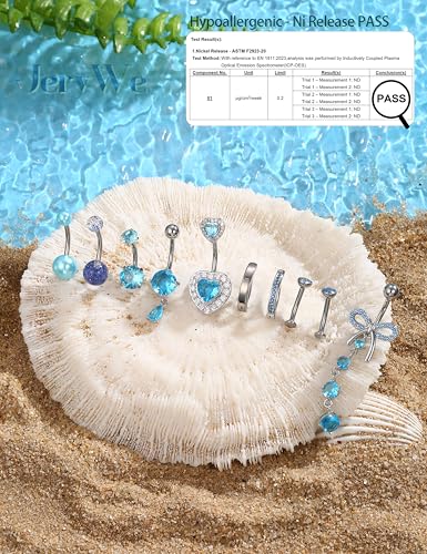 JeryWe Hypoallergenic Belly Button Ring Surgical Stainless Steel - Dainty Dangle Navel Piercing Jewelry CZ Bow Heart Ball Pearl Clicker Piercings for Women - color: Blue