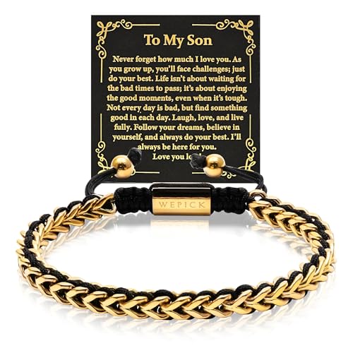 18K Gold-Plated Bracelets for Men Franco Link Chain Adjustable | Stainless Steel Bracelet, Gold Beads Bracelet, Handcrafted Braided, Mens Jewelry Birthday Gift for Men - color: Gold with Card Son