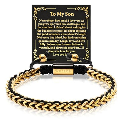 18K Gold-Plated Bracelets for Men Franco Link Chain Adjustable | Stainless Steel Bracelet, Gold Beads Bracelet, Handcrafted Braided, Mens Jewelry Birthday Gift for Men - color: Gold with Card Son