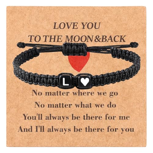 Valentines Day Gifts for Him Her Heart Love Letter Initial Matching Couple Bracelets for Women Men Teen Gifts Best Friend Graduation Birthday Gifts A-Z Braided Bracelet Son Daughter Dad Jewelry - color: Black-L