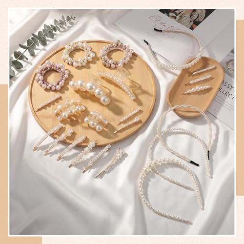23 Pcs Pearl Hair Accessory Set, Including Faux Pearl Hair Clips,Headbands, and Gold Metal Clips, Women Fashion Hairs Accessories Styling Tools for Birthday Parties Gift Weddings Souvenirs
