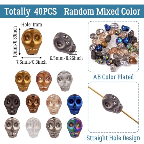Elecrelive 40Pcs Skull Glass Beads Halloween Skeleton Head Beads Mixed Color for Necklace Gothic Bracelets Earrings Jewelry Making - color: Mix Colors