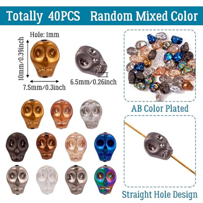 Elecrelive 40Pcs Skull Glass Beads Halloween Skeleton Head Beads Mixed Color for Necklace Gothic Bracelets Earrings Jewelry Making - color: Mix Colors