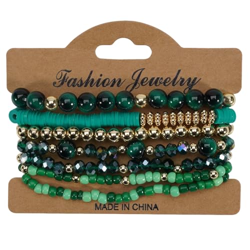 7Pcs Bohemia Multilayer Stackable Crystal Beaded Bracelet Set Multicolor Surfer Heishi Clay Gold Beaded Friendship Stretch Bracelets for Women Men Summer Beach Boho Vacation Jewelry Gifts - color: Green