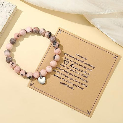 MIXJOY Inspirational Gifts for Women, Heart Charm Pink Elastic Beads Bracelet, Positive Affirmations Get Well Soon Gifts - style: steel heart whenever doubting pink