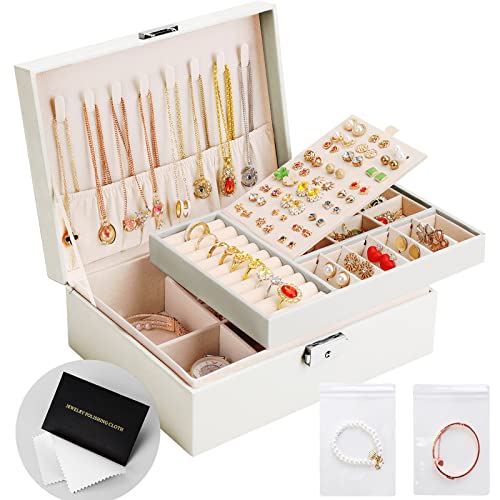 Jewelry Box Organizer for Women Girls 2 Layer Leather Travel Jewelry Storage Case with Lock and Removable Tray for Necklace Earrings Rings Bracelets Gift, Come with Polishing Cloth and Jewelry Bags - color: White