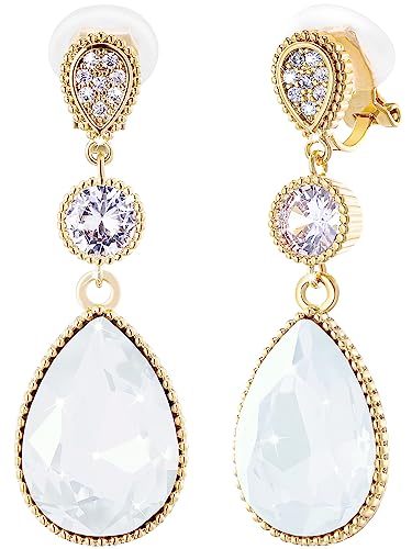 Clip On 18 * 13MM Big Crystal Dangle Non Pierced Earrings for Women 14K Gold Plated Jewelry - color: Oct-Opal-14K Gold Plated