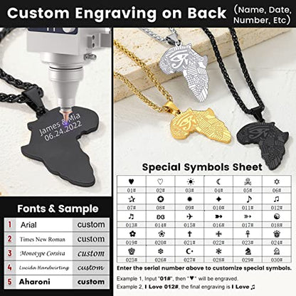 GOLDCHIC JEWELRY Africa Map Necklace for Men, Stainless Steel African Tribal/Egyptian Eye of Horus/I LOVE AFRICA/Elephant Map Hiphop Jewelry Unisex with 22'+2'Adjustable Chain - color: Eye of Horus - Black, style: Personalised Engraving