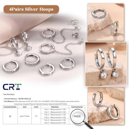 4 Pairs Small Hoop Earrings for Women 14K Gold Plated | Trendy Chain Drop Earrings Set, Hypoallergenic CZ Huggie Hoops, Lightweight Cartilage Earring Stacks - color: Silver Plated-dangle hoop