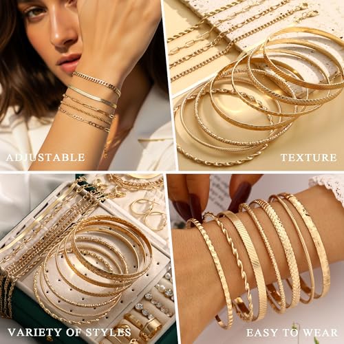 YEEZII 56 Pcs Gold Jewelry Set for Women with 5Pcs Layered Necklace, 5Pcs Layered Necklace, 12 Bracelets, 4 Hoop Earrings, 8 Stackable Rings, 10 hairpins, 12 Studs Earrings Jewerly set for Women - color: Gold-A