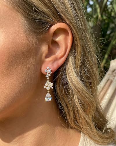 Pearl Earrings - 14K Gold/White Gold/Rose Gold Plated Cubic Zirconia CZ Diaomond Accented Pearl Drop Dangle Earrings for Women Wedding Bridal Prom - color: Gold Teardrop Design