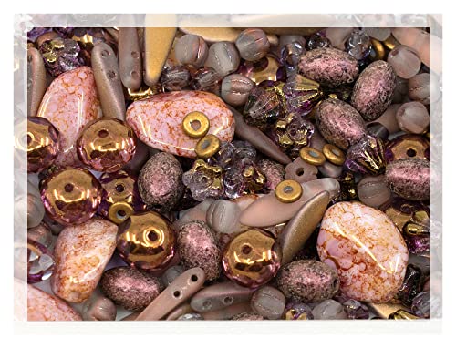 2.1oz (60 g) Mix of Unique Czech Bohemia Glass Pressed Beads, Matte and Glossy, Hand Made, Antique Copper Pink - color: Antique Copper Pink