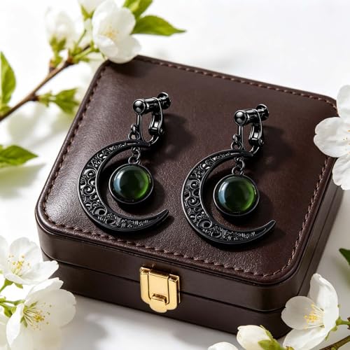 Gothic Moon Clip On Earrings for Women Black Filigree Dangle Moon Earrings Halloween Witch Earring Colorful Crystal Vampire Earring Accessories Halloween Jewelry Gifts - color: Green