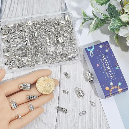 SUNNYCLUE 1 Box 230Pcs Cord End Caps Bracelet End Caps Tibetan Style Antique Silver Kumihimo Bracelet Findings Lobster Clasp Open Jump Rings for Jewelry Making Kits DIY Bracelet Necklace Earrings - style: Style 2