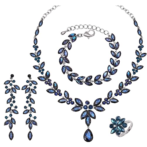 CSY Elegant Bridal Jewelry Sets Wedding Prom Homecoming Gown Accessories | Austrian Marquise Crystal Wedding Necklace Dangle Earrings Tennis Bracelet Ring Set for Bride Women Costume Accessories - color: navy blue crystal-platinum tone