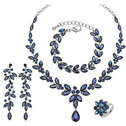 CSY Elegant Bridal Jewelry Sets Wedding Prom Homecoming Gown Accessories | Austrian Marquise Crystal Wedding Necklace Dangle Earrings Tennis Bracelet Ring Set for Bride Women Costume Accessories - color: navy blue crystal-platinum tone