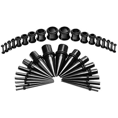 vcmart 14G-00G 36 pcs Ear Gauges Stretching Kit Tapers Plugs Eyelets Implant Grade Steel - color: Black