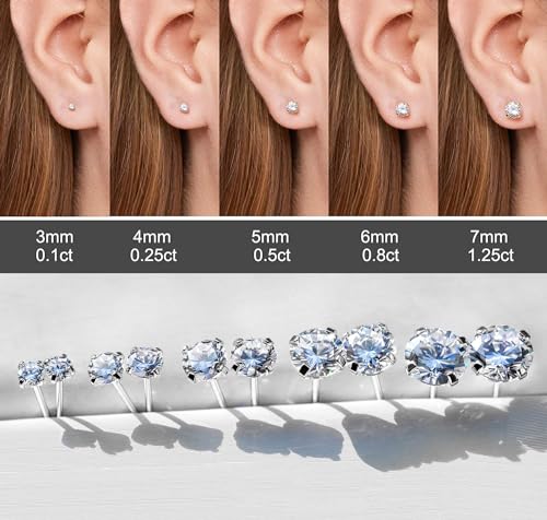 Kainier Women's 14K Gold Plated CZ Stud Earrings Simulated Diamond Round Cubic Zirconia Ear Stud Set（5 Pairs)… - color: CZ-Sliver-Plated