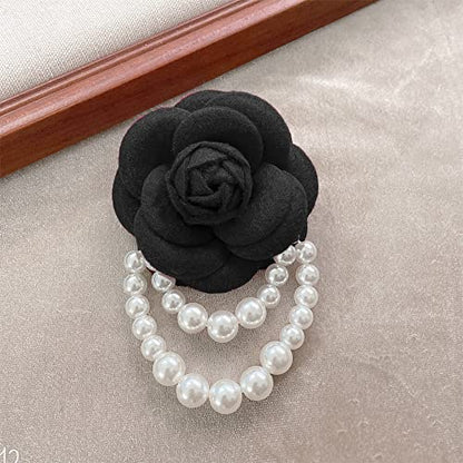 Wool Camellia Flower Pearl Tassel Brooches Pins Delicate Flowers Brooch Classic for Wedding Party Dance Banquet for Women Dainty Elegant Lapel Pins Dress Suit Accessories - color: Black