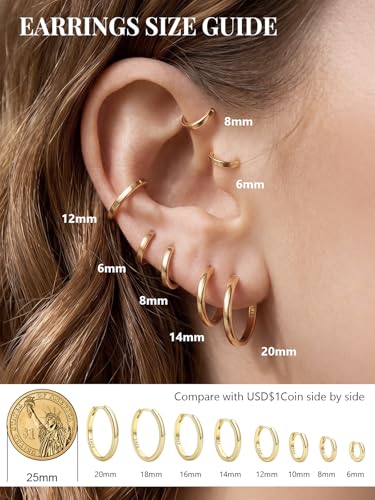 925 Sterling Silver Huggie Hoop Earrings, Small Silver Hoop Earrings for Women Hypoallergenic Huggie Lightweight Small Hoops Earring Cartilage Sleeper Earrings 6/8/10/12/14/16/18/20mm - color: Gold, size: 16MM