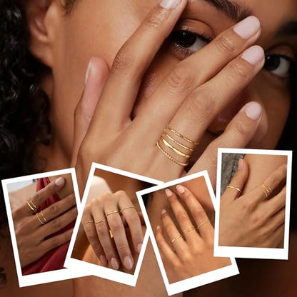 Stackable Rings for Women Non Tarnish Gold Knuckle Ring Set | Stainless steel thin bands for stacking and knuckle wear non tarnish gold statement rings
