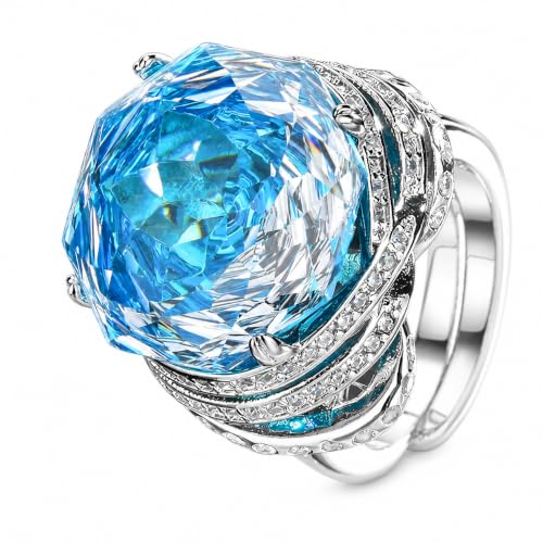Rose Cut Octagon Cocktail Open Ring For Women, 3 Colors Aquamarine Aurora Pink Gem Split Shank Pave Crystal Evening Statement Ring - color: sea blue