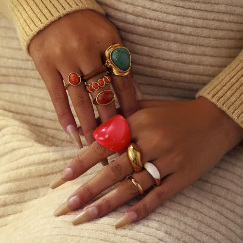 Chunky Gold Rings for Women Non Tarnish, Baroque Pearl Flower Tiger's Eye Stone Rings Adjustable Stacking Statement Rings Set Fashion Jewelry Gifts - style: Green/Red/Wood/Brown