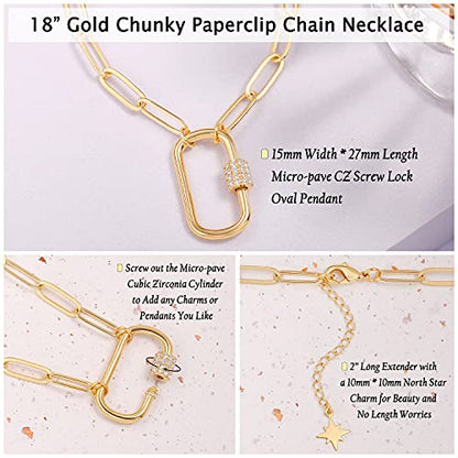 Aobei Pearl 18K Gold Plated Moon Star Lion Evil Eye Love Heart Cross Pendant Necklace Medallion Paperclip Chian Choker Layering Jewery for Women - color: Golden Oval Screw Lock